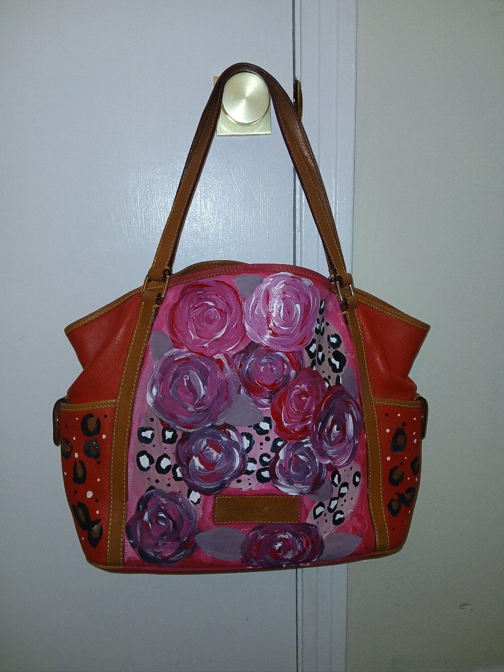 Dooney & Bourke Artist Hand-Painted Floral Tote Bag with Tan Trim - Picture 7 of 12